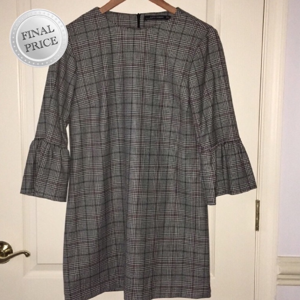 ZARA WOMAN Checked Viscose Dress with Bell Sleeves
